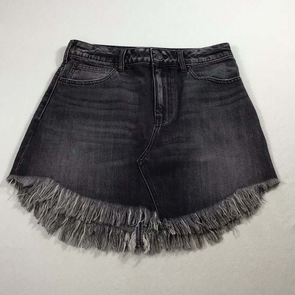 Free People Bailey Denim Fringe Mini Skirt Black Wash W27 Festival Cowgirl - Picture 2 of 12